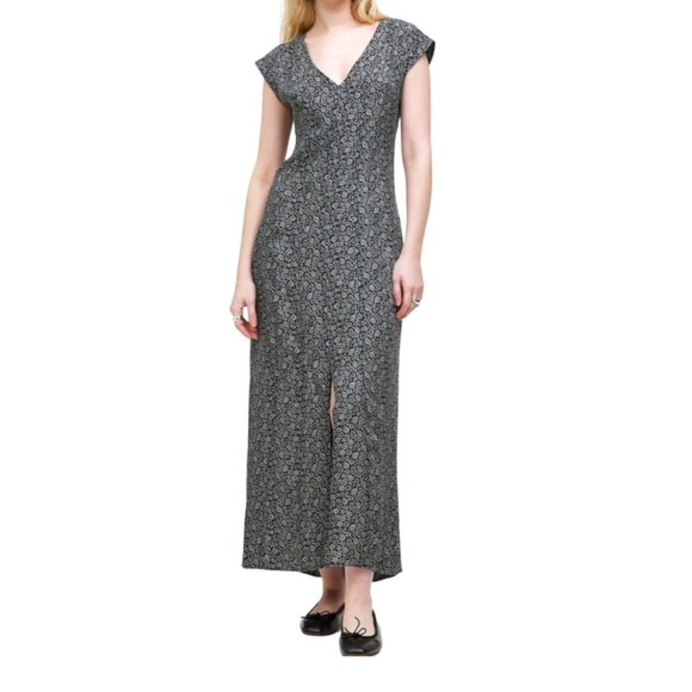 Madewell Black White Paisley Cap Sleeve‎ Midi Dress with Slit Lightweight Casual